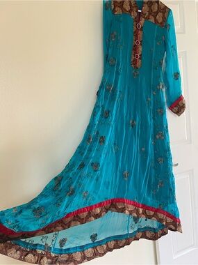 Turquoise Embroidered Anarkali Dress with Gold Accents